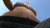 low_angle shrunken_man outdoors sideboob inside_clothing digital_render bare_midriff ubersalamander