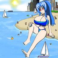 giantess long_hair beach barefoot blue_hair huge_breasts ponytail sitting looking_down boats crowds xpsycho6x