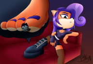 drawing feet furry color large_breasts long_hair blue_eyes clothed cleavage purple_hair in_shoe paws boots sitting foot_crush trapped sofa purple_nails purple_lipstick coco_bandicoot barasma crash_bandicoot_(series) nina_cortex