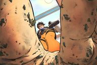drawing crush feet giga blood brunette short_hair unaware looking_down between_toes dirty_soles tinies on_foot dirt stuck_to_foot buggysplat overwatch tracer_(overwatch)