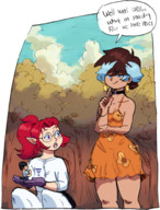 drawing color handheld glasses smiling gloves short_hair kneeling surprised shrunken_man outdoors choker earrings dialogue thick_thighs pointed_ears vingemoonglour