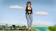 drawing city large_breasts long_hair destruction barefoot cleavage buildings brunette foot_print outdoors ripped_clothing bare_midriff hehsownaoeu