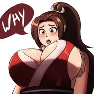 drawing giantess blushing color long_hair huge_breasts brunette ponytail mai_shiranui humor looking_down sideboob dialogue meme no_background looking_at_tiny fatal_fury between_breasts charlydibu masahiro_sakurai