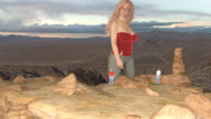 drawing giantess blonde large_breasts long_hair cleavage smiling unknown_artist outdoors digital_render