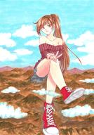 drawing giantess long_hair cleavage skirt brunette smiling ponytail sitting mountains sweater converse detective-barricade