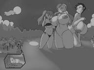 breasts drawing giantess mega monochrome long_hair huge_breasts short_hair surprised twintails giantesses lake night outdoors ripped_clothing cutaway tsukoex