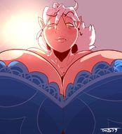 drawing white_hair blushing color long_hair clothed bra huge_breasts fang low_angle yellow_eyes smiling reaching looking_down earrings no_background thaddeusmcboosh between_breasts