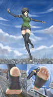 drawing giantess city black_hair large_breasts long_hair skirt buildings train foot_crush looking_down outdoors stuck_to_foot stirrups foot_prints miaokong echo
