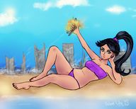 bikini drawing giantess feet city black_hair color long_hair destruction beach toes barefoot ocean buildings green_eyes zoey ponytail lying_down thong hand airplane sand cruel clouds outdoors sky nail_polish earrings looking_at_viewer semi_nude bare_legs bubblegum bare_midriff dochamps velvet-lily