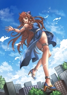 drawing giantess panties city upskirt large_breasts long_hair high_heels buildings brunette outdoors ahoge ankle_bracelet bracelet armlet mikeyj1093