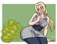 drawing blushing blonde long_hair butt cleavage huge_breasts tsunade smiling ponytail fart looking_down no_background swampyart naruto_(series)