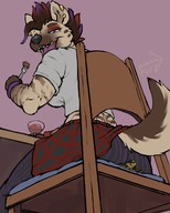 drawing furry tail anthro color butt clothed dinner butt_crush hyena smiling short_hair shrunken_man eating pinned chair date earrings looking_at_tiny nommz spotted_hyena german_shepherd