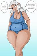 large_breasts long_hair cleavage smiling bbw shrunken_man looking_down dark_skin dialogue no_background pointed_ears between_breasts chubbymija