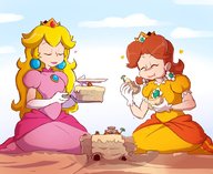 drawing giantess blonde color long_hair clothed princess_peach cake red_hair dress short_hair crown eating giantesses clouds outdoors plate princess_daisy fupoo new_super_mario_bros._u