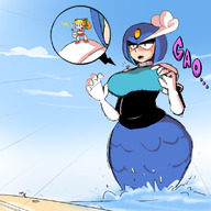 drawing giantess blonde color robot blue_eyes clothed beach water ocean grinning looming collar outdoors umbrella megaman pointing roll remote_control on_shoulder fupoo splash_woman beach_towel cutaway