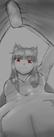 drawing monochrome long_hair anime red_eyes topless underwear unknown_artist spice_and_wolf underboob sketch looking_down holo monster_girl point_of_view looking_at_viewer wolf_girl inside_clothing bare_midriff