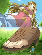 drawing blonde color large_breasts blue_eyes clothed toes high_heels anime low_angle smiling dress shrunken_man looking_down outdoors jewelry point_of_view looking_at_viewer tiara looking_at_tiny pointed_ears the_legend_of_zelda open_toe link_(the_legend_of_zelda) princess_zelda_(the_legend_of_zelda) pocket_latte super_mushroom