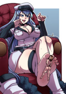 drawing nude feet blushing color long_hair butt clothed toes barefoot cleavage soles anime blue_hair huge_breasts brunette sweat domination smiling bondage sitting uniform shrunken_woman looking_down cruel leash pinned chair stuck_to_foot thick_thighs esdeath akame_ga_kill ecchipandaa darkarri dari