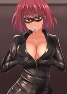 breasts drawing nude color large_breasts anime smiling pink_hair short_hair shrunken_man trapped mask latex jewelry smothering jumpsuit zipper thief robbery looking_at_tiny cupping_breasts between_breasts vaioomaru