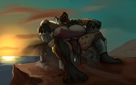 drawing giantess furry anthro color destruction barefoot bra huge_breasts hyena castle paws laughing open_mouth sunset sitting_on_building t-bone thick_thighs robomax