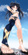 drawing blushing city mega black_hair color long_hair destruction red_eyes twintails looking_down sky toe_ring fate_(series) ishtar alice-magic