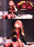 large_breasts bed butt_crush red_hair short_hair sitting shrunken_man indoors digital_render xenoblade_chronicles_2 pyra sourcesizeshenanigans shulk