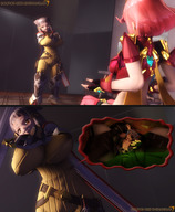 vore smiling short_hair sitting stomach shrunken_man indoors arms_crossed internal_view digital_render cutaway xenoblade_chronicles_2 pyra sourcesizeshenanigans nia zeke_(xenoblade)