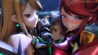 blushing large_breasts digital_render xenoblade_chronicles_2 pyra between_breasts mythra sourcesizeshenanigans rex nia