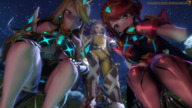 giantess blushing blonde large_breasts long_hair low_angle giantesses crouching digital_render xenoblade_chronicles_2 pyra mythra sourcesizeshenanigans rex nia