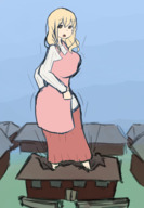 drawing growth giantess blonde long_hair destruction huge_breasts outgrowing_building surprised looking_down outdoors zen7185