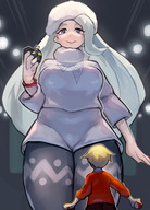 drawing giantess white_hair pokemon color large_breasts long_hair blue_eyes clothed smiling stadium looking_down thick_thighs looking_at_tiny pokemon_sword_and_shield melony uedrk_yamato