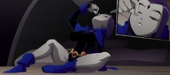 breasts drawing gentle color large_breasts clothed bed purple_hair raven teen_titans short_hair sitting kissing shrunken_man thighs indoors between_fingers cape belt leotard hood pinched dc_comics anon bare_legs grey_skin skintight_clothing ravenravenraven pursed_lips