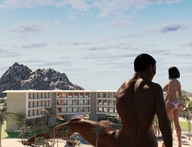 bikini giantess nude black_hair handheld brunette multiple_sizes short_hair unknown_artist giantesses outdoors digital_render