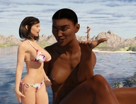 bikini giantess nude black_hair handheld brunette multiple_sizes short_hair unknown_artist giantesses outdoors digital_render