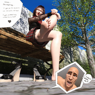 toes barefoot soles brunette smiling short_hair sitting shrunken_man closed_eyes dialogue running_away digital_render cutaway notch discarded_footwear
