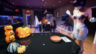 black_hair long_hair cat_ears red_hair nurse halloween pumpkin ghost headphones looking_down bowl indoors costume witch_hat digital_render notch