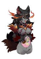 drawing vore tail black_hair color long_hair anime red_eyes unknown_artist collar dark_skin inside_stomach monster_girl licking_lips wolf_girl wolf_ears see_through internal_view skimpy_clothing grey_skin monster_girl_encyclopedia hellhound flaming_eyes