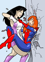 breasts drawing giantess mega black_hair color long_hair butt destruction crossover buildings gloves red_hair boots fighting giantesses costume lois_lane doom_patrol giant_girl ripped_clothing inspector97 dc_comics mary_jane elasti-girl marvel_comics fusion