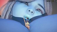 huge_breasts smiling blue_skin inside_mouth on_lips digital_render between_breasts