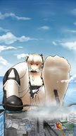 drawing giantess panties city upskirt blonde destruction cleavage sitting twintails nylons looking_down outdoors nrzieon
