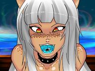 drawing giantess white_hair vore color mawshot collar shrunken_man cat_girl freckles imminent_vore catdaemonprince