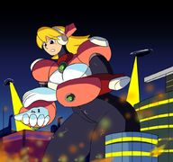 drawing giantess city blonde large_breasts long_hair handheld outdoors megaman thick_thighs feyzer
