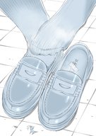 drawing nude feet monochrome anime in_shoe socks kneeling surprised shrunken_woman shrunken_man cruel trapped looking_up imminent_crush kojopi