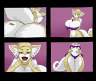 bikini drawing vore furry anthro comic huge_breasts smiling between_legs open_mouth panels on_butt no_background between_breasts