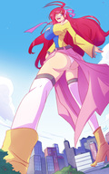 breasts drawing gentle giantess panties upskirt color long_hair butt destruction clothed buildings huge_breasts low_angle red_hair sky white_panties earrings angelgts mikeyj1093 aniza