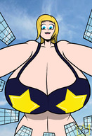 giantess giga city blonde long_hair cleavage huge_breasts low_angle smiling looking_down outdoors peelheel