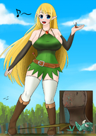 giantess crush blushing blonde large_breasts long_hair blue_eyes clothed handheld singing forest shoe_crush boot_crush trees goblins looking_at_tiny オレンジ