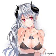 drawing white_hair horns large_breasts long_hair smiling shrunken_man no_background between_breasts