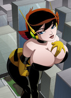 breasts drawing giantess mega color blue_eyes clothed cleavage buildings huge_breasts brunette gloves short_hair avengers outdoors looking_at_viewer squeezing cracked_pavement presenting cracked_ground janet_van_dyne marvel_comics ravenravenraven the_wasp avengers_earths_mightiest_heroes