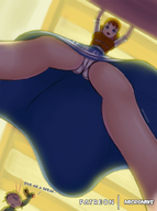 drawing panties upskirt color large_breasts butt blue_eyes clothed dress unaware shrunken_man thighs white_panties nosebleed dialogue minish_cap bare_legs micromike anju ezlo link_(the_legend_of_zelda) the_legend_of_zelda_minish_cap under_dress
